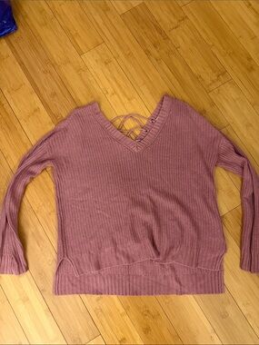 Pink Rose Mauve V-Neck Knit Sweater with Back Lace-Up
